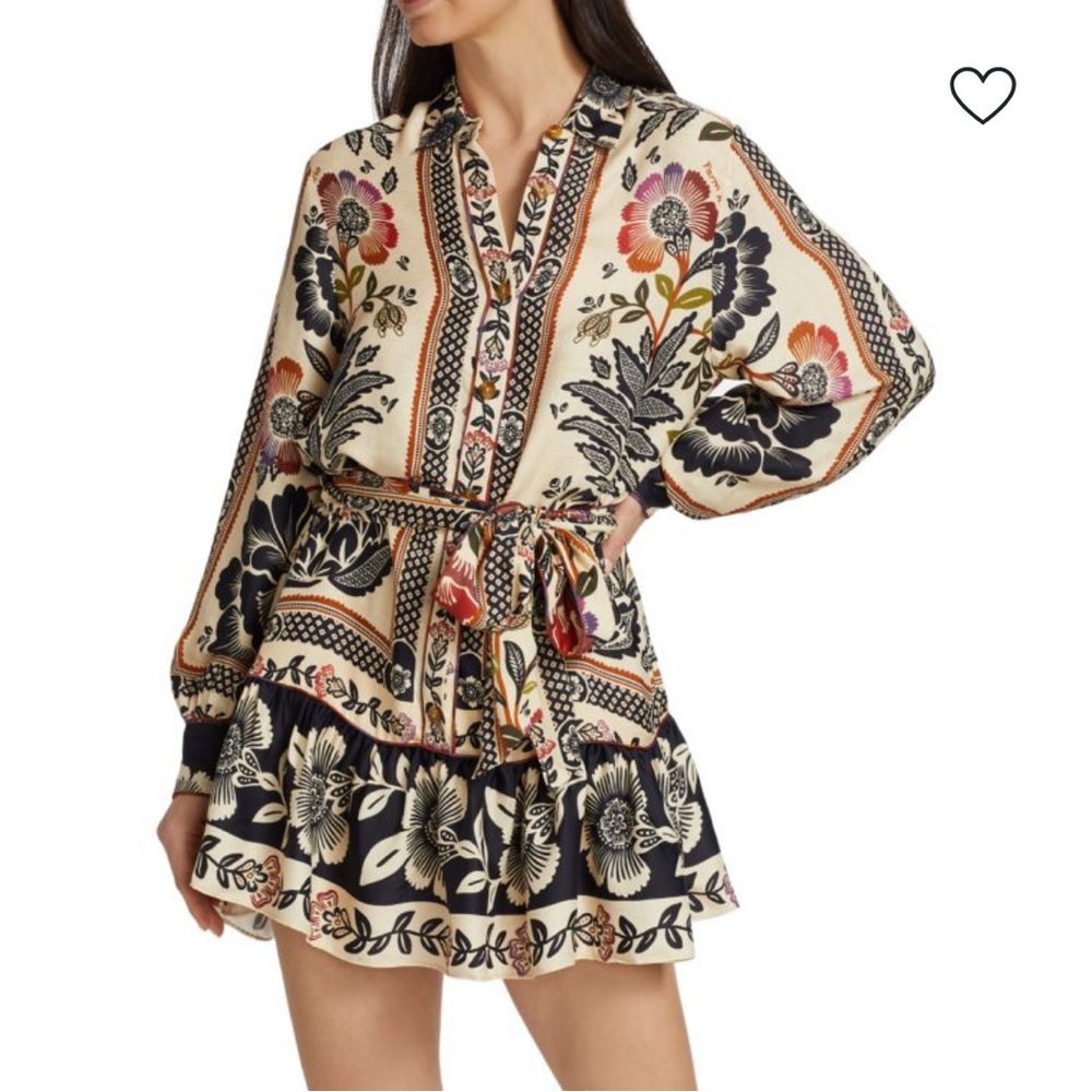 Farm Rio Silk Shirtdress | Tiered Belted Floral Mini-Dress | Size S
